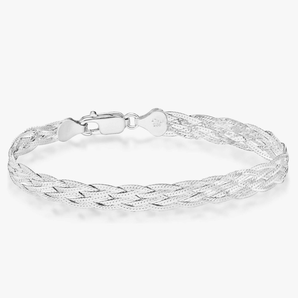 Italian Solid 925 Sterling Silver 7mm Braided Herringbone Chain Bracelet